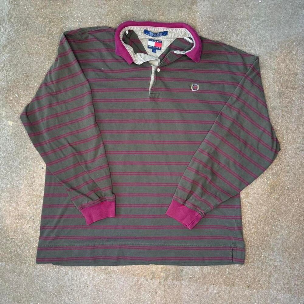 tommy hilfiger rugby shirt striped green burgundy long sleeve vintage L